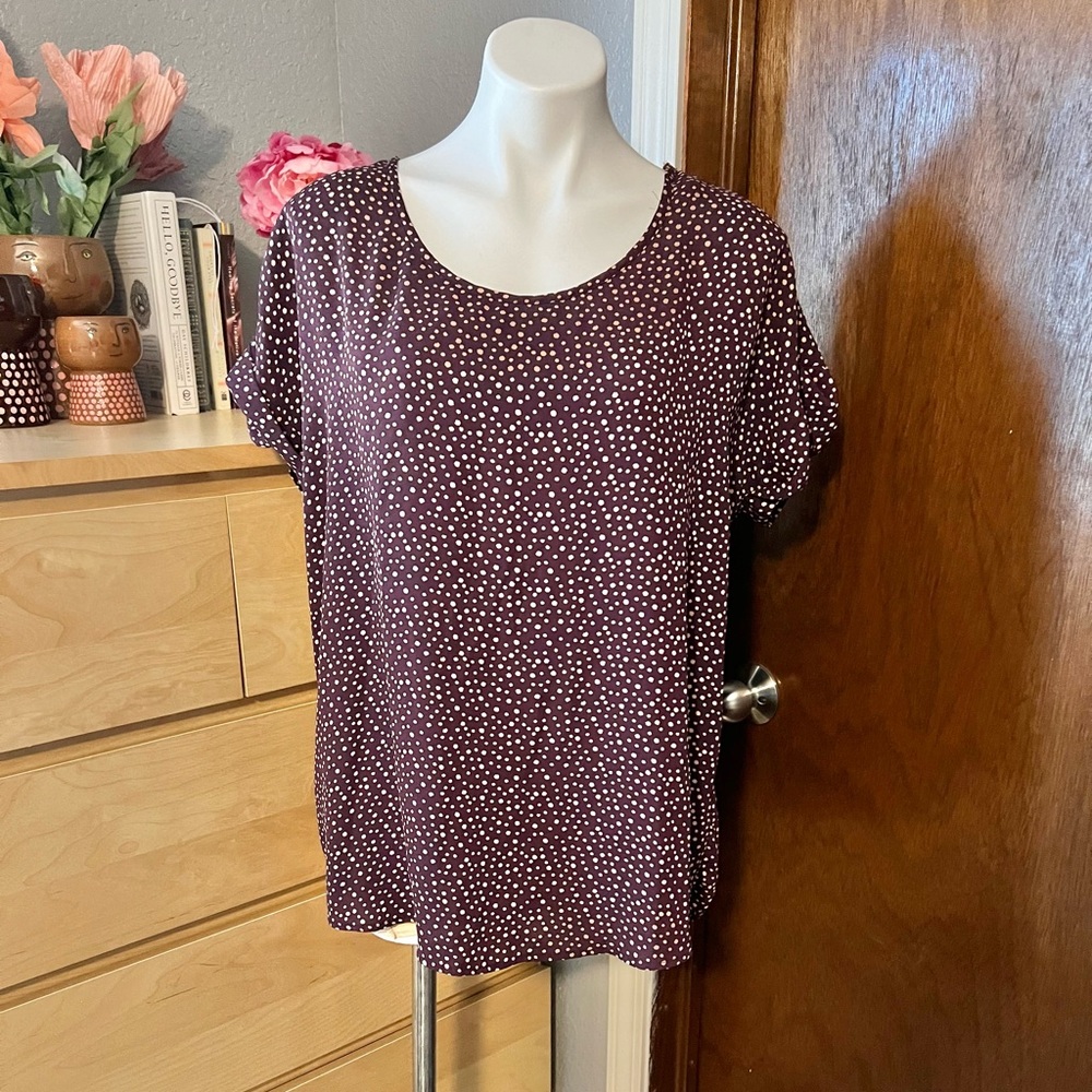 Anthropologie Pleione Purple and Cream Paint Dot Rayon Oversized Top